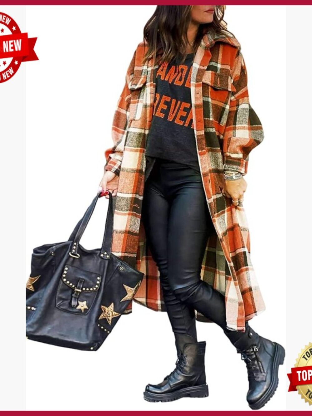 Plaid Button Down Long Jacket Fall Flannel Trench Coat Women